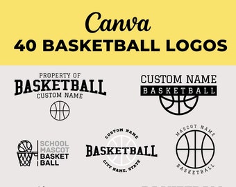 May include: A collection of 40 black and white basketball logo designs. The logos feature basketballs, hoops, and text such as "Basketball", "Custom Name", and "School Mascot".