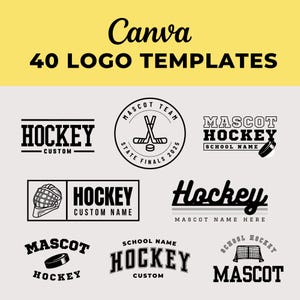 May include: A collection of 40 hockey logo templates featuring various designs with text such as "Hockey", "Mascot", "School Name", "Custom", and "State Finals 2025".