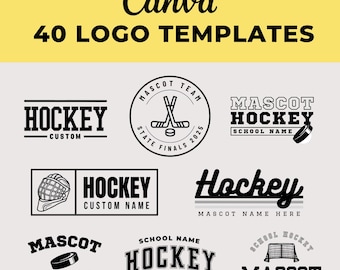 Pode incluir: Uma coleção de 40 modelos de logotipos de hóquei com vários designs com texto como "Hóquei", "Mascote", "Nome da escola", "Personalizado" e "Finais estaduais 2025".