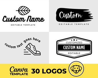 May include: A collection of 30 customizable logo templates. The logos feature a variety of designs, including a leaf, a paintbrush stroke, a running shoe, and a vintage-style badge. The text "Canva 30 LOGOS TEMPLATE" is displayed at the bottom of the image.