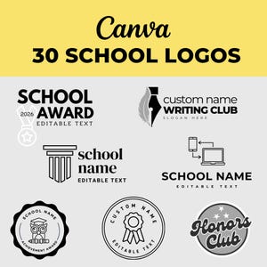 以下が含まれることがあります： 黒と白の「Canva 30 SCHOOL LOGOS」というテキストのグラフィックデザイン。画像には、学校の賞、ライティングクラブ、栄誉クラブなど、さまざまな学校のロゴデザインが表示されています。ロゴはミニマリストスタイルです。