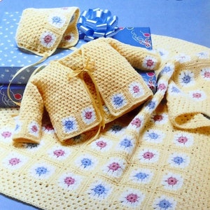 RETIREMENT SALE *** Vintage Crochet Pattern  Baby Granny Square Jacket Hat and Pram or Cot Blanket  Cardigan Coat  Afghan Layette Bonnet