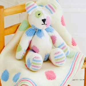 RETIREMENT SALE *** Vintage Knitting Pattern  Spotty Dot Teddy Bear and Baby Blanket Pram Cot Cover Toy   Afghan Blanket Bedspread Throw DK