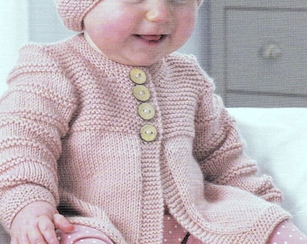ENGLISH Vintage Knitting Pattern Easy Baby Cardigan Beanie Hat and Bootees Matinee Jacket Coat Simple  Newborn Toddler 12-20ins