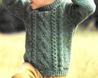 ENGLISH Vintage Knitting Pattern PDF Child's Chunky Sweater Jumper Pullover Toddler Boy Girl Bulky Traditional Round Neck Cable 20-30ins