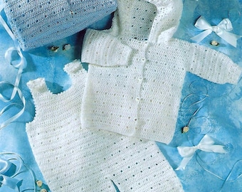 ENGLISH Vintage Crochet Pattern PDF  Baby Hoodie Jacket and Dungarees  Cardigan Coat  Boy or Girl Hooded Overalls  18 to 24 in