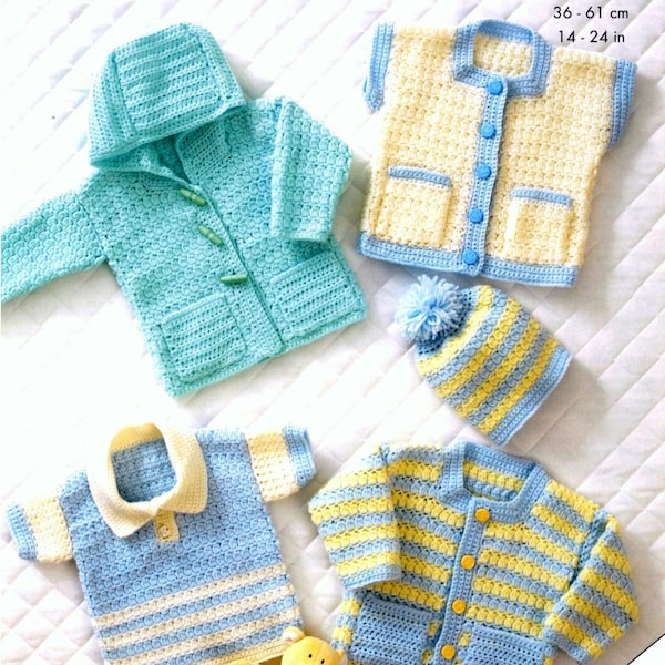 Vintage Crochet Pattern  Baby Tops  Hoodie Cardigan Jacket Coat Waistcoat Vest Sweater Beanie Hat  Boy or Girl  Premature to 3-4 Yrs