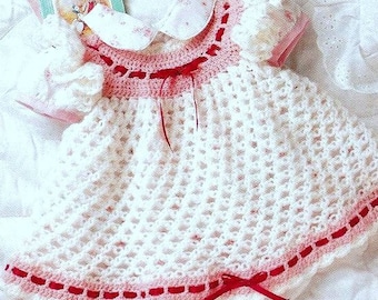 ENGLISH Vintage Crochet Pattern Baby Love Knot Dress Ruffled Dress  Yoke Ribbon Trim Valentines Easter Party Baby Shower Gift  3 - 12 Months