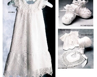 Vintage Crochet Pattern Antique Baby Christening Outfit White Thread Gown Robe Bonnet Booties Shawl Sweater Bib Heirloom Baptism Angel Dress