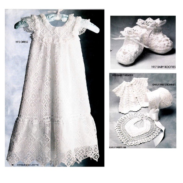 Vintage Crochet Pattern Antique Baby Christening Outfit White Thread Gown Robe Bonnet Booties Shawl Sweater Bib Heirloom Baptism Angel Dress