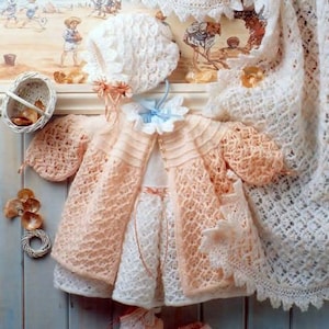 Vintage Knitting Pattern PDF Baby Layette Dress Matinee Jacket Bonnet Booties Shawl  Pram Cot Blanket Cardigan Coat Pram Set