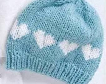 ENGLISH Knitting Pattern PDF Newborn Baby Heart Beanie Hat DK Worsted Simple Fair Isle Hearts Preemie Premature Baby Shower Charity  Fair