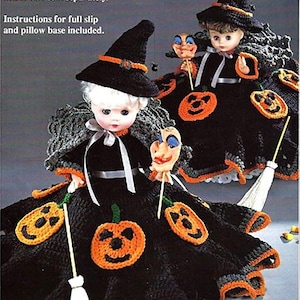RETIREMENT SALE *** Vintage Crochet Pattern Halloween Witch Bed Doll Music Box or 13in Dolls Clothes Dress Pumpkin Trick or Treat Decoration