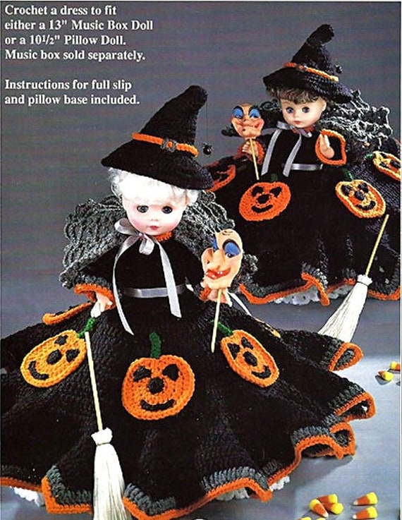 RETIREMENT SALE *** Vintage Crochet Pattern Halloween Witch Bed Doll Music Box or 13in Dolls Clothes Dress Pumpkin Trick or Treat Decoration