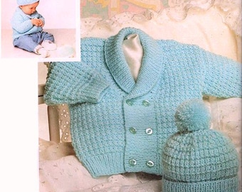 ENGLISH Vintage Knitting Pattern PDF Baby Toddler Girls Boys Textured Jacket and Beanie Pompom Hat  DK Cardigan Coat 16-22ins Shawl Collar