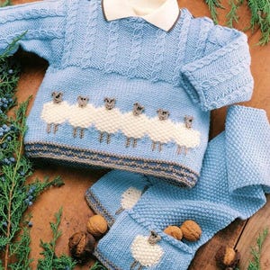 Può includere: Un completo neonato in maglia blu chiaro composto da maglione e sciarpa abbinata. Il maglione presenta un colletto bianco, dettagli a trecce e una fila di pecore. La sciarpa ha un motivo a pecora ed è realizzata nello stesso materiale. Il set è esposto su una superficie di legno.
