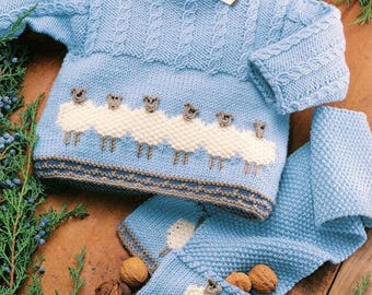 ENGLISH Knitting Pattern Baby Toddler Sheep Jumper Jacket Beanie Scarf Cardigan Coat Sweater Hat DK Newborn-2yrs Vintage Lamb Easter