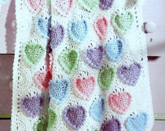 RETIREMENT SALE *** Vintage Crochet Pattern  Baby Heart Afghan plus 6  patterns Blanket Bedspread Throw Baby Cot Pram  Baby Shower Hearts