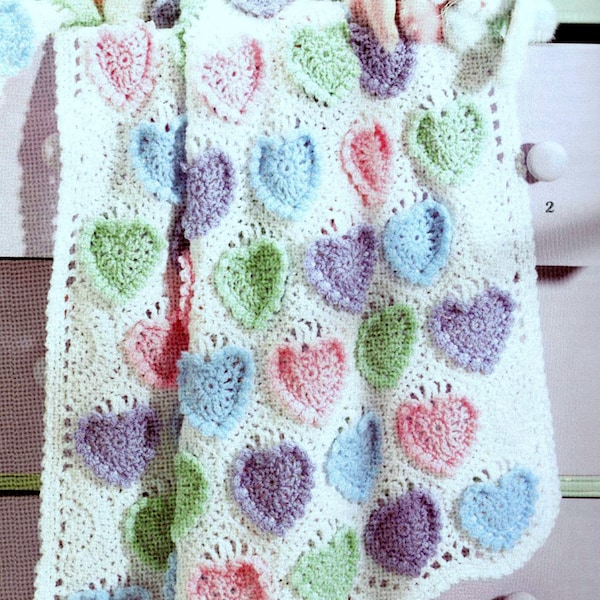 Vintage Crochet Pattern  Baby Heart Afghan plus 6 afghan patterns Blanket Bedspread Throw Baby Cot Pram Blanket  Baby Shower Hearts