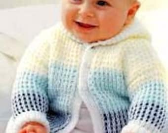 Baby Knitting Pattern Hooded Cardigan Jacket Hoodies Boy Girl Toddler Pram Coat Matinee Hood Vintage Knitting DK Newborn - 2yrs PDF Download