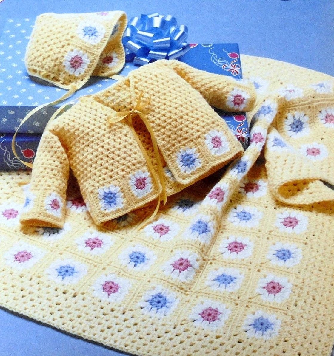 Vintage Crochet Pattern Baby Granny Square Jacket Hat and Pram or Cot Blanket Cardigan Coat Matinee Set Afghan Layette Bonnet