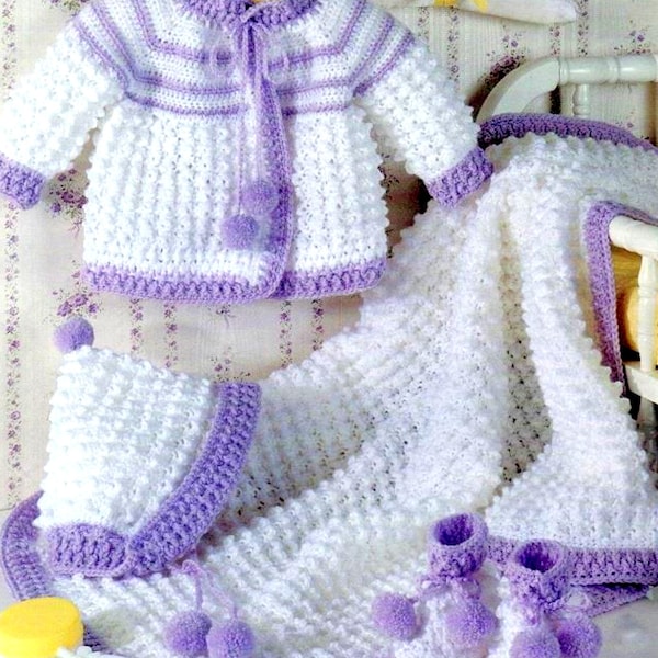 Patrón de ganchillo vintage 4 canastillas para bebé chaqueta matinal capó patucos y manta abrigo para bebé conjunto de cochecito afgano