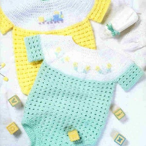 Vintage Crochet Pattern  Baby Bubble Suits  Rompers All in One  Boy or Girl   3 to 12 Months Embroidered Yoke