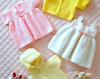 ENGLISH Vintage Crochet Pattern Baby  Summer Set  Jacket Dresses Hoodie Coat Cardigan Sweater Sun Dress Baby and Premature Sizes