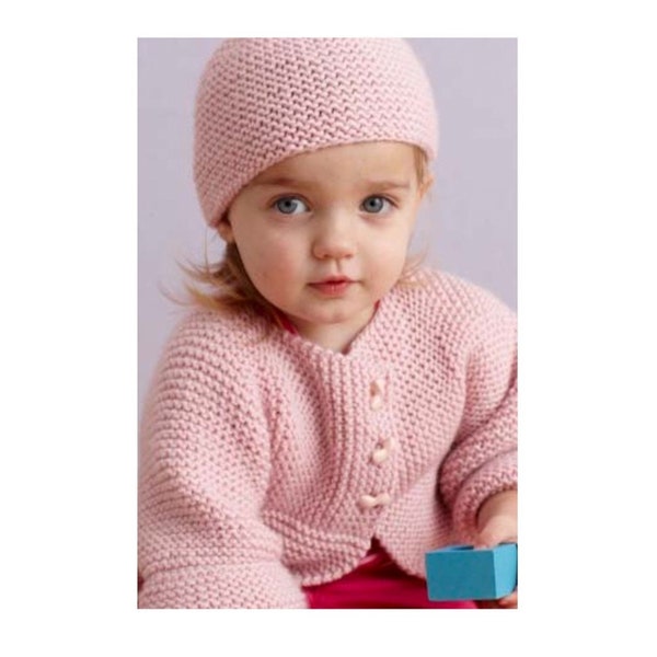 Vintage Knitting Pattern Easy Baby Cardigan and Beanie Hat Matinee Jacket Coat Simple Knit  Garter Stitch Sideways Knitting Newborn Toddler