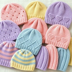 Knitting Pattern PDF Preemie Hats Newborn Premature Baby Beanie Ribbed Hearts Eyelet Diamond Striped Sports Weight 4ply charity gift