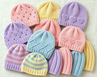 Knitting Pattern PDF Preemie Hats Newborn Premature Baby Beanie Ribbed Hearts Eyelet Diamond Striped Sports Weight 4ply charity gift