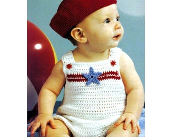 Vintage Crochet Pattern  Baby Sailor Suits  4 Outfits Sunsuit Hat Overalls Cap Sundress Headband  Nautical Patriotic Stars Stripes Romper