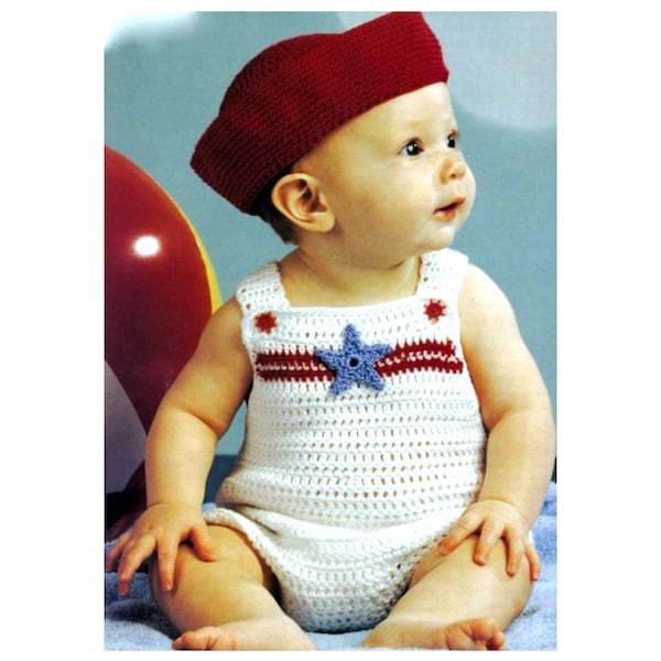 Vintage Crochet Pattern  Baby Sailor Suits  4 Outfits Sunsuit Hat Overalls Cap Sundress Headband  Nautical Patriotic Stars Stripes Romper