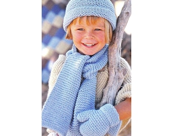 ENGLISH Vintage Knitting Aran Hat Mittens and Scarf Plain or Striped Easy Knit Boy Girl Toddler Kids 2-10yrs Beanie Gloves Mitts