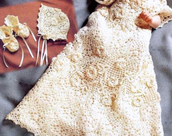 Vintage Crochet Pattern PDF Irish Rose Baby Christening Set Dress Bonnet Booties  Filet Lace Heirloom Gown Robe