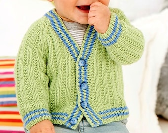 ENGLISH Vintage Knitting Pattern PDF Baby Toddler Boys Girls V Neck Ribbed Cardigan with Striped Border  6m - 7yrs  16-26ins DK Worsted 8ply