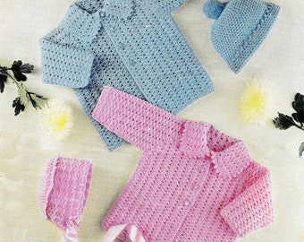 Vintage Crochet Pattern  Baby Jacket Cardigan and Pompom Beanie or Bonnet Hat  Baby Girl or Boy  Pram Set  Coat Collar Matinee Set 18-22