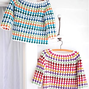 May include: Two colorful crochet tops with a granny square pattern. The top on the left is blue, green, orange, and white. The top on the right is red, pink, purple, and green.