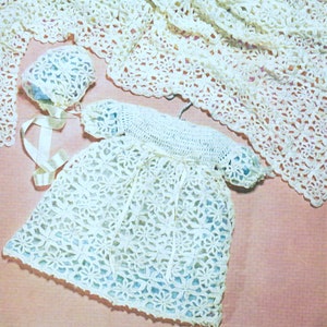 Vintage Crochet Pattern Booklet  Five Baby Outfits  Christening Dress Shawl, Pram Matinee Set Bonnet Booties Coat 3ply 18 inch chest