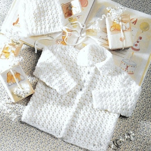 Vintage Crochet Pattern PDF Baby Coat and Bonnet Jacket Cardigan Hat Christening Pram Set 4ply 20 to 22 Inch Chest Boy Girl