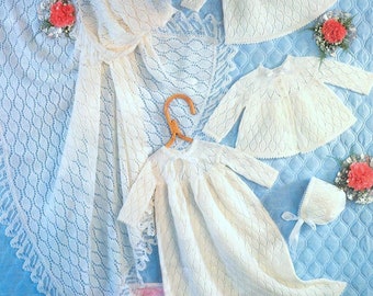 INSTANT DOWNLOAD PDF  Vintage Knitting Pattern Christening Set Baby Dress Christening Robe Matinee Coat Bonnet and Shawl