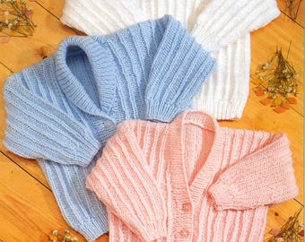Vintage Knitting Pattern PDF Ribbed Cardigans and Sweater Baby Toddler Child Girl Boy V or Round Neck Premature Preemie DK  12-24ins Jumper