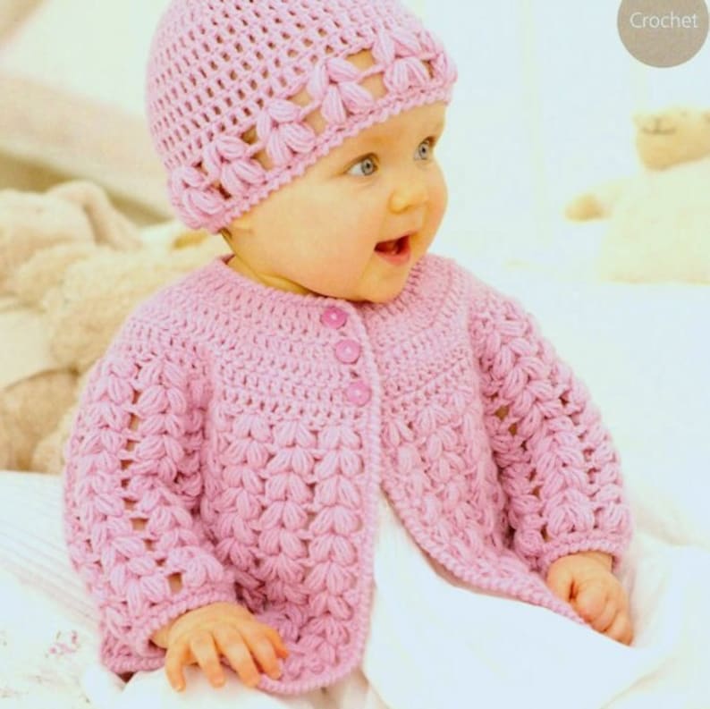 Vintage Crochet Pattern PDF Baby and Childrens Matinee Jacket Cardigan and Beanie Hat Flower DK Worsted 8ply Newborn to Seven Years 16-26ins imagen 2