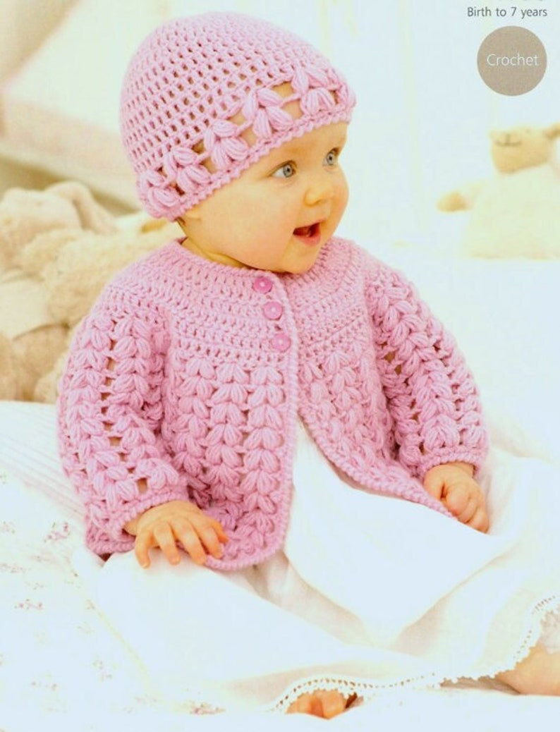 Vintage Crochet Pattern PDF Baby and Childrens Matinee Jacket Cardigan and Beanie Hat Flower DK Worsted 8ply Newborn to Seven Years 16-26ins imagen 3