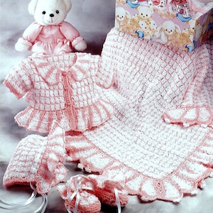 Vintage Crochet Pattern  Baby Layette 5 Designs  Jacket Bonnet Booties Afghan  Pram Cot Blanket  Cardigan Coat Matinee Set Afghan