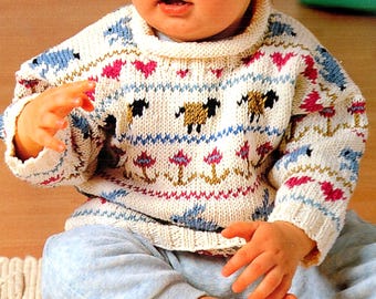 ENGLISH Vintage Knitting Pattern PDF Baby Toddler Fair lsle Sampler Sweater Hearts Sheep Rabbit Cotton DK 6-9 and 18-24m Jumper Pullover Top