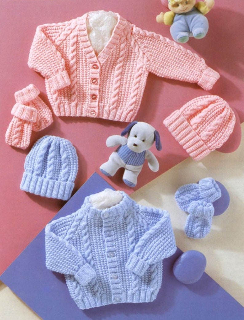 ENGLISH Vintage Knitting Pattern PDF Baby Cable Pram Sets Cardigan Jacket Beanie Hat and Mitts Includes Premature Sizes image 2
