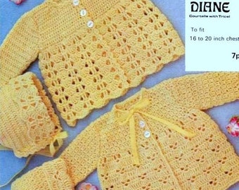 May include: A crochet baby set in yellow, including a cardigan, a hat, and a pair of booties. The set is made with Hayfield Diane Courtelle with Tricel yarn. The pattern number is 901. The cardigan has a button closure and a bow at the neckline. The hat has a scalloped edge. The booties have a scalloped edge and a ribbon tie. The set is designed to fit a 16 to 20 inch chest.