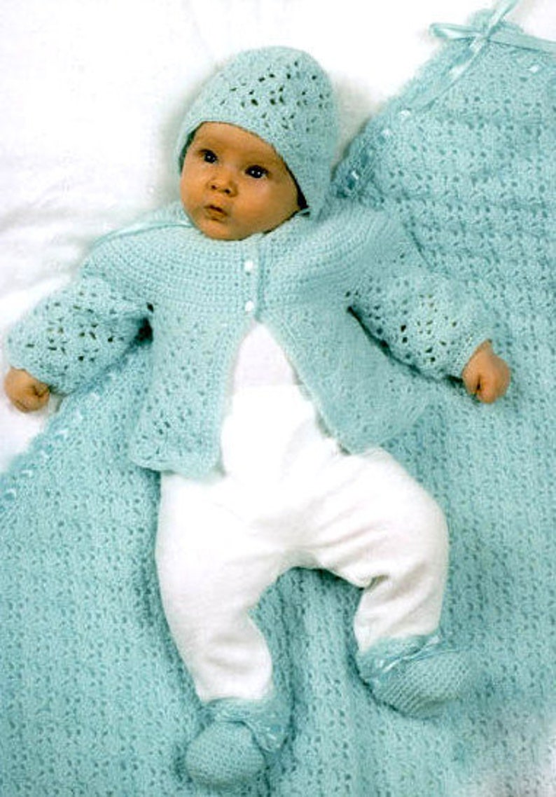Vintage Crochet Pattern Baby Layette 4 Designs Jacket Bonnet Booties Afghan Pram Cot Blanket Cardigan Coat Matinee Set Newborn Layettes image 1