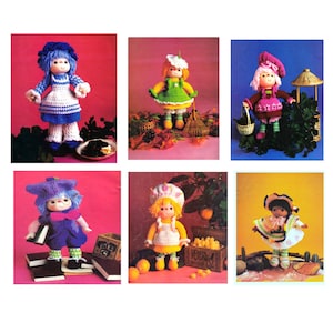 May include: Six crocheted dolls with different outfits and accessories. The dolls are all wearing hats and have different coloured hair. The dolls are standing on different backgrounds, including a pink background, a blue background, and a yellow background.